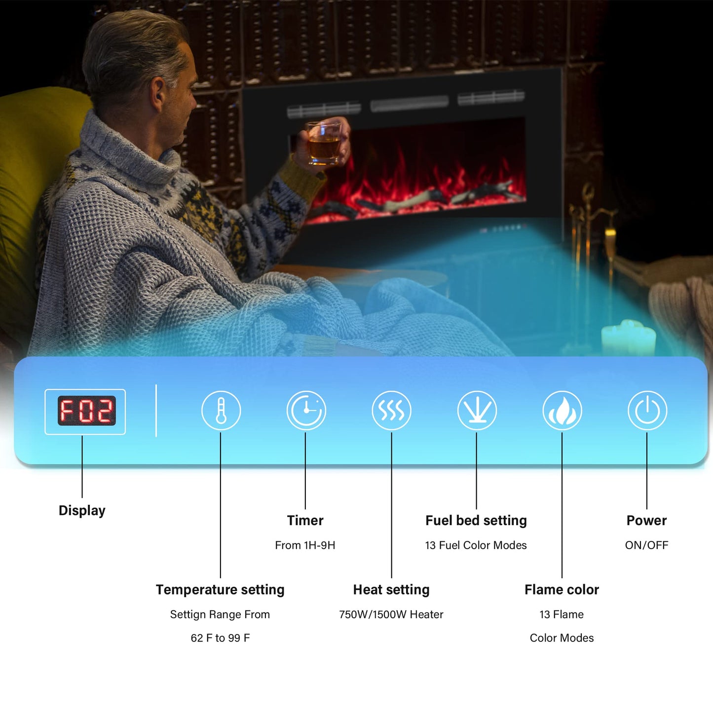 Oxhark Flame 36inch Electric Fireplace in Wall Recessed and Wall Mounted Fireplace Electric, 13 Flame Colors, Realistic Logs &Crystals Fuel Bed, Adjustable Temperature and Timer,750W/1500W, Black