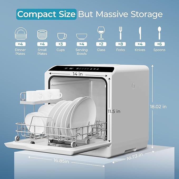 EUHOMY Countertop Dishwasher Portable with 6 Programs, 5L Built-in Water Tank for Apartments & RV, 167℉ High-Temp, No Hookup Needed, Mini Dishwasher with Baby Care, Air Dry/Quick/ECO/Fruit/Normal Mode