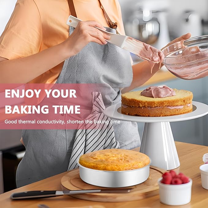 P&P CHEF 8 Inch Cake Pan Set of 2, Stainless Steel Round Baking Layer Cake Pans, Non Toxic & Healthy, Leak-proof & Easy Clean, Mirror Finish & Easy Releasing, Oven & Dishwasher Safe