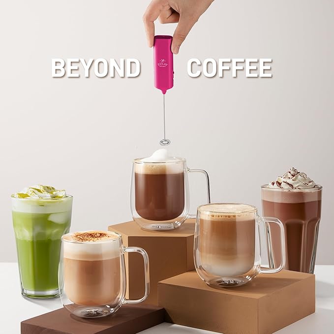 Mini & Mighty Milk Frother Wand – Handheld Coffee Frother, Battery Operated Drink Mixer – Compact Pocket Size – Detachable Whisk for Latte, Cappuccino, Matcha, Hot Chocolate – Dragon Fruit Pink