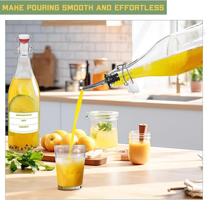 4 Pack [1 Liter / 33 fl. oz.] Swing Top Glass Bottles – Airtight Flip Top Brewing Bottles for Kombucha, Beer, Wine, Kefir, Soda, Liquor – Includes Funnel, 2 Pourers, 6 Seals, 8 Labels & Jute Twine