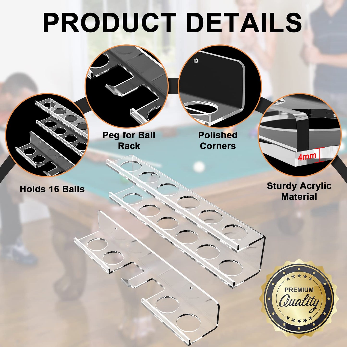 Cosmos Acrylic Billiard Ball Storage Shelf Set Pool Ball Wall Mount Rack Pool Accessory Wall Holder for 16 Balls Billiard Pool Ball Cue Ball Billiard Ball Rack in Billiard Room Bar (Transparent Clear)