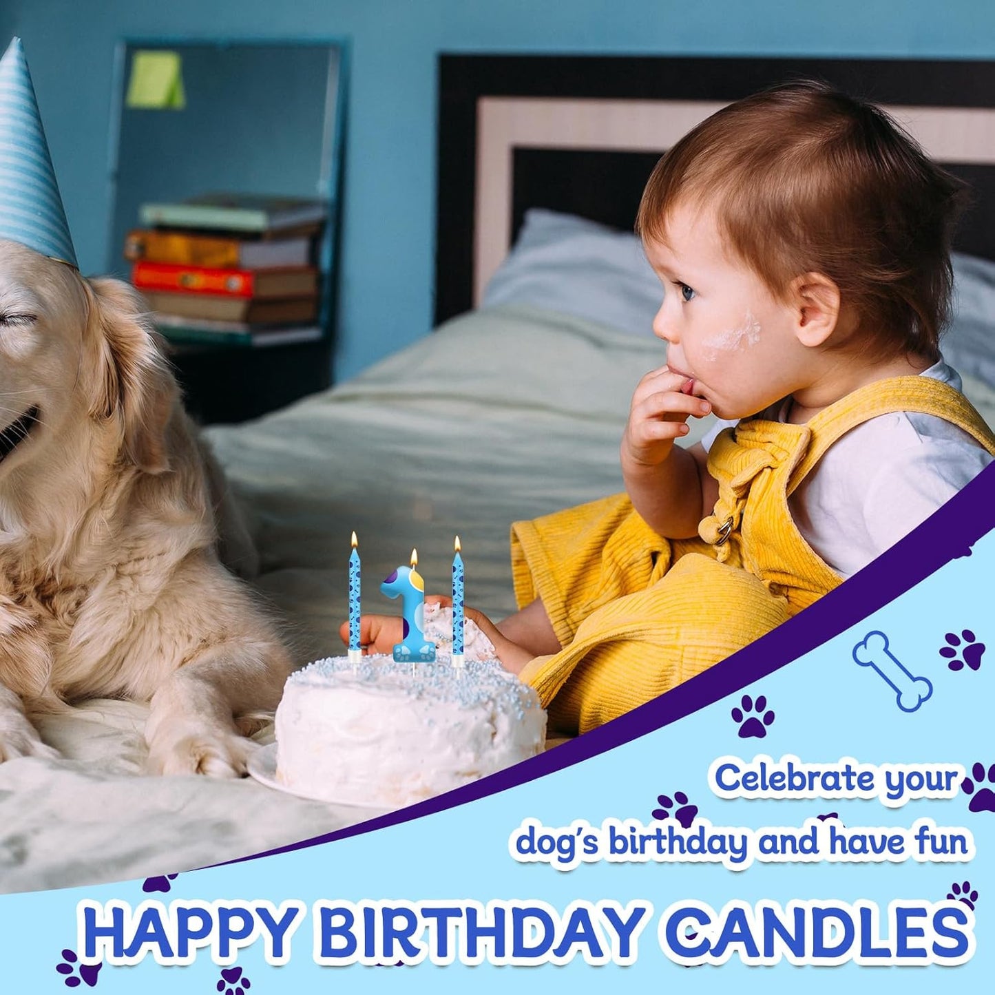 13PCS Blue Dog Paw Birthday Candles Set Cake Topper Numeral Birthday Candles for Boy Girl Dog Paw Decoration(Number 1)