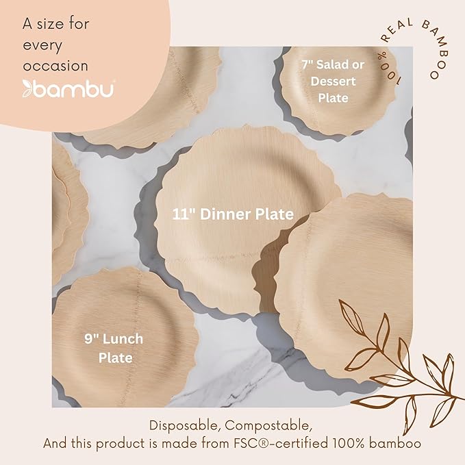 Bambu Pack of 8-9 Inch Disposable Bamboo Plates Fancy, Biodegradable Eco Friendly Products, Bamboo Disposable Plates for Party, Weddings, and Events, Great For Any Occasion, Compostable Plates