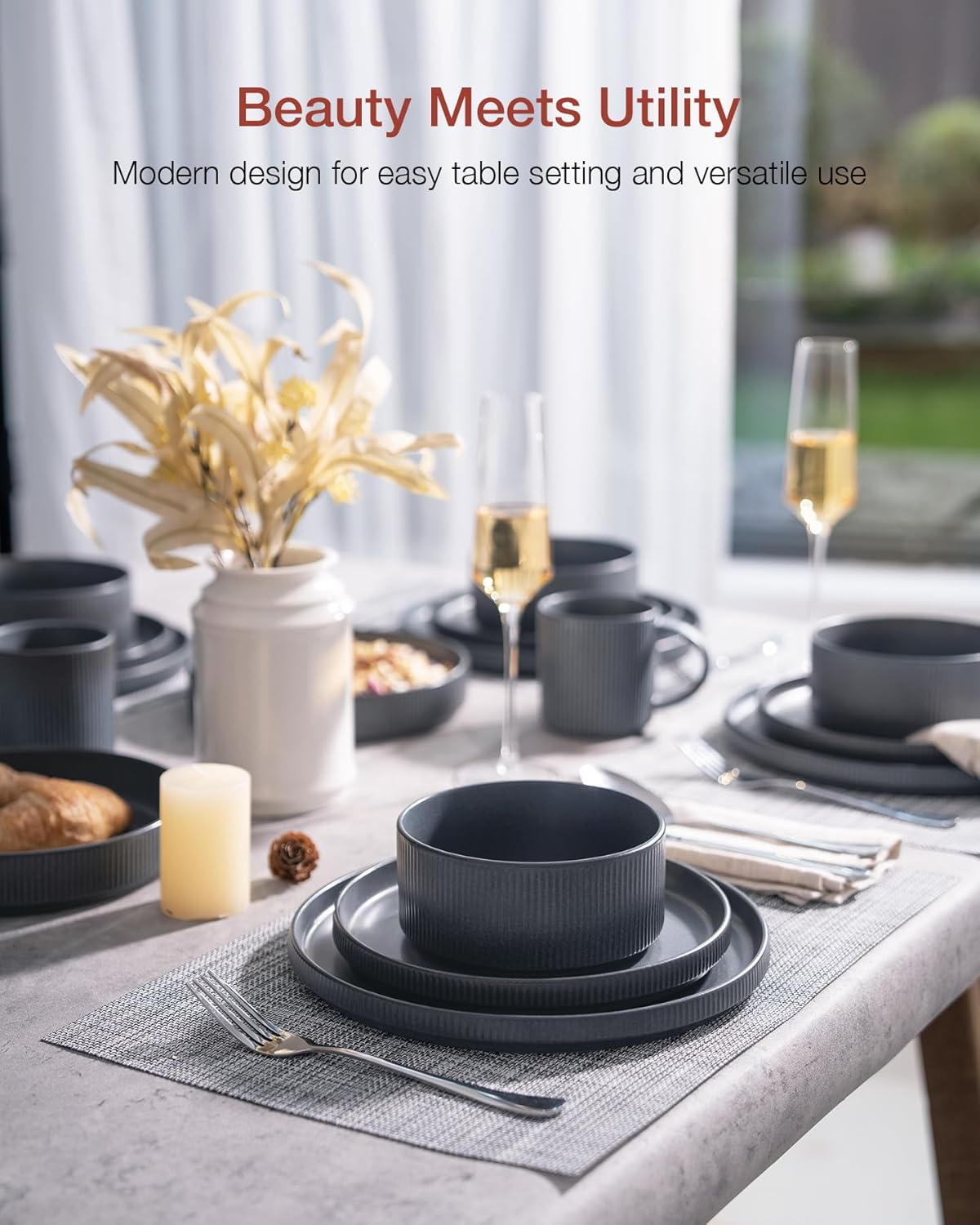 Famiware Star Dinnerware Sets, Plates and Bowls Set for 4, 12 Pieces Ribbed Dishes - Chip and Scratch Resistant, Microwave and Dishwasher Safe Tableware, Matte Dark Charcoal