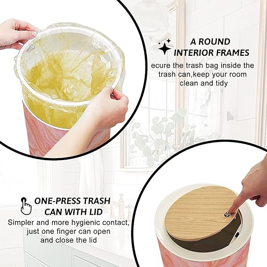 Trash Can with Lid Coral Living Fractal Abstract Prism Glitch Effect Color Year 2019 Press Top Round Small Garbage Bin with Wooden Legs Waste Basket for Kitchen Bedroom Nursery 7L/1.8 Gallon