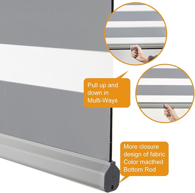 Persilux Cordless Zebra Blinds for Windows (47" W X 47" H, Grey) Free-Stop Roller Windows Shades Dual Layer Light Control for Day and Night, Light Filtering Sheer Shades for Home, Easy to Install