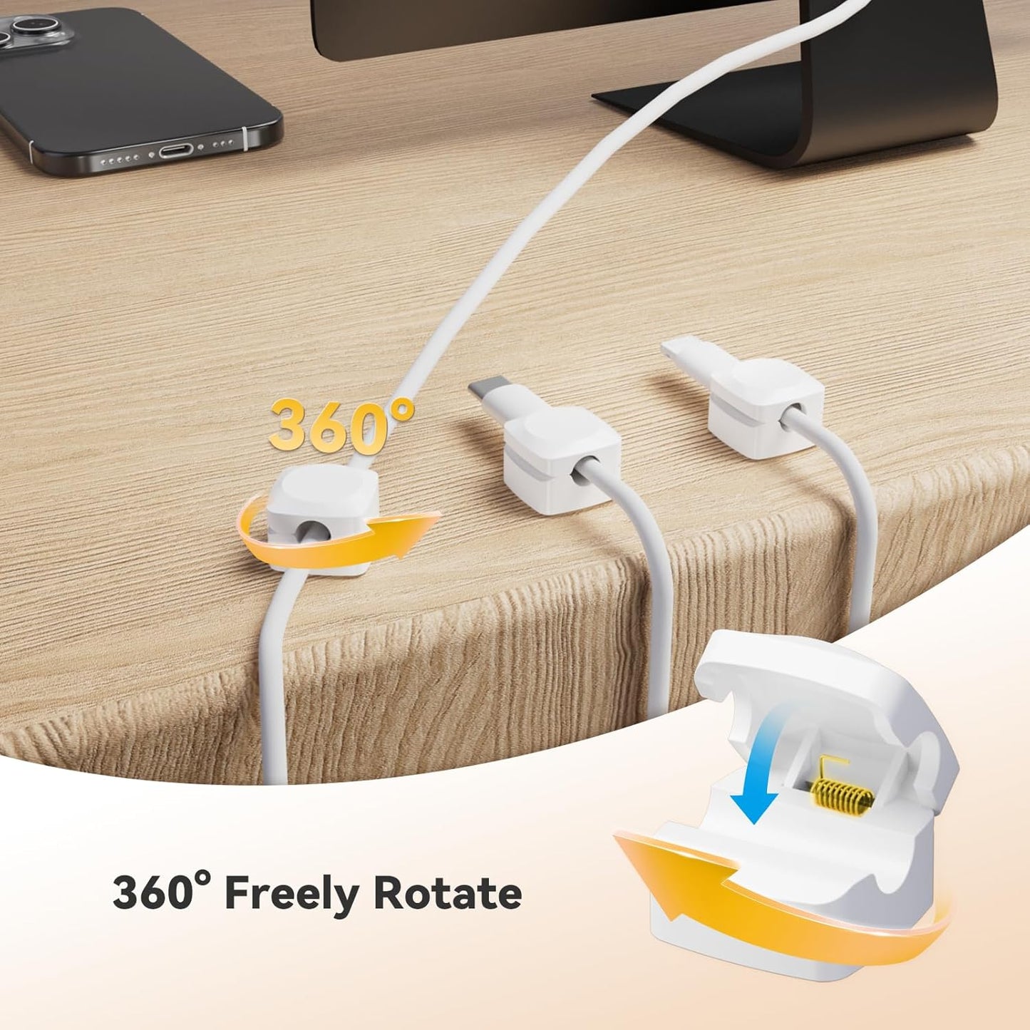 Rotatable Cord Organizer, Enhanced Spring Cable Clips, Strong Adhesive Cable Management, Desk Cord Holder for Nightstand, Office Accessories and Car (4 White + 4 Black)