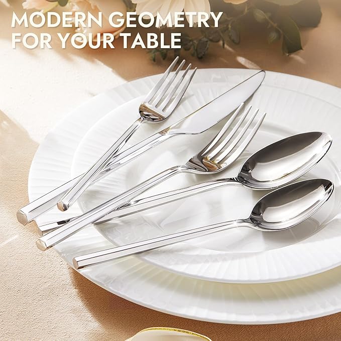 KINGSTONE 20-Piece Silverware Set, 18/10 Stainless Steel Flatware Cutlery Set with Hexagon Handle, for Hotel, Home, Party, Wedding Gift, Mirror Polish and Dishwasher Safe