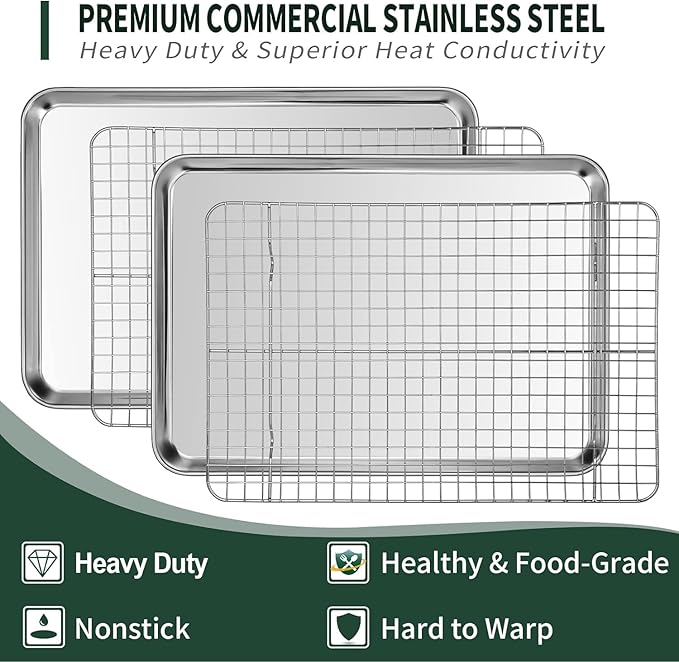 Jelly Roll Pan with Cooling Rack Set [2 Baking Pans + 2 Baking Racks], CEKEE Stainless Steel Baking Sheet Tray with Wire Rack Set, Commercial Quality, Rust Proof & Nonstick, Size 15.94 x 12 x 1 Inch