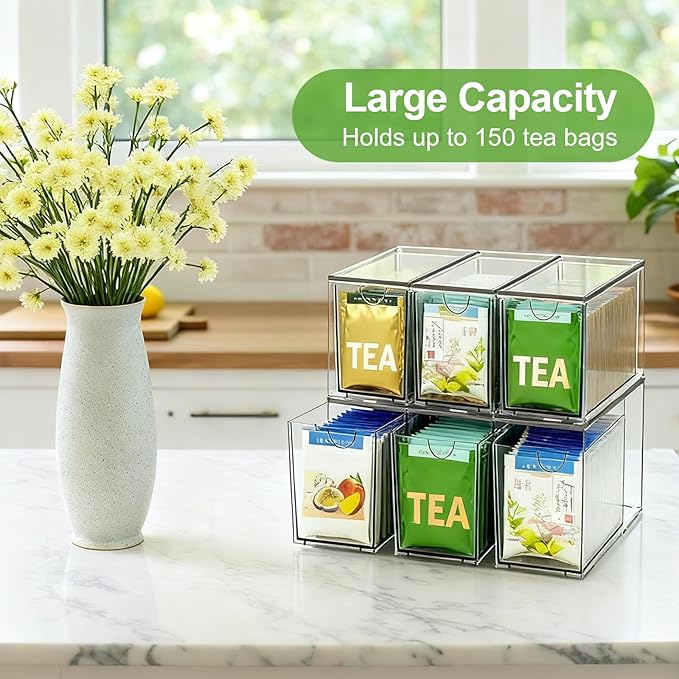 4 Pack Stackable Tea Bag Storage Organizer Drawers – Clear Acrylic Tea Bag Holder for Cabinet, Drawer, Pantry, Countertop – Kitchen Tea Storage Container