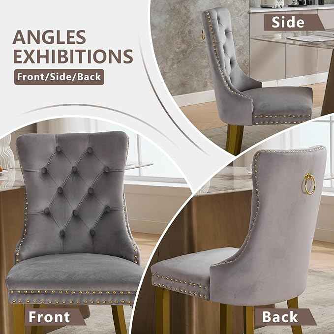 Velvet Dining Chairs Set of 2, Kitchen & Dining Room Chairs, Upholstered Dining Chairs with Back Ring Pull and Golden Solid Wood Legs, Modern Tufted Kitchen Chairs for Dining Room, Light Grey