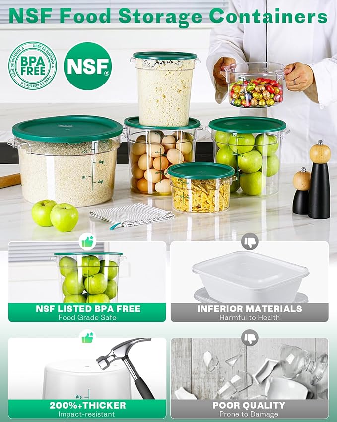 4QT NSF Round Food Storage Containers with Lids: 4 PCS [Total Food Grade][Hot&Cold Resistant] Dough Proofing Container for Pizza, Bread with Measuring Spoons Included(BPA FREE) (GREEN)