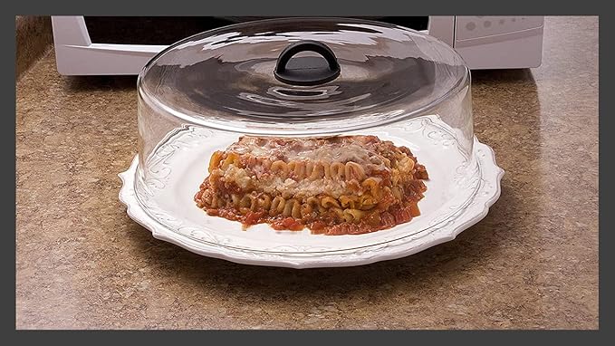 Tall Microwave Tempered Borosilicate Glass Plate Cover with Black Easy-Grip Silicone Handle - Unvented to Steam Food -Microwaveable/Oven/Stove Safe - Black Silicone Handle for Safe Easy Grip