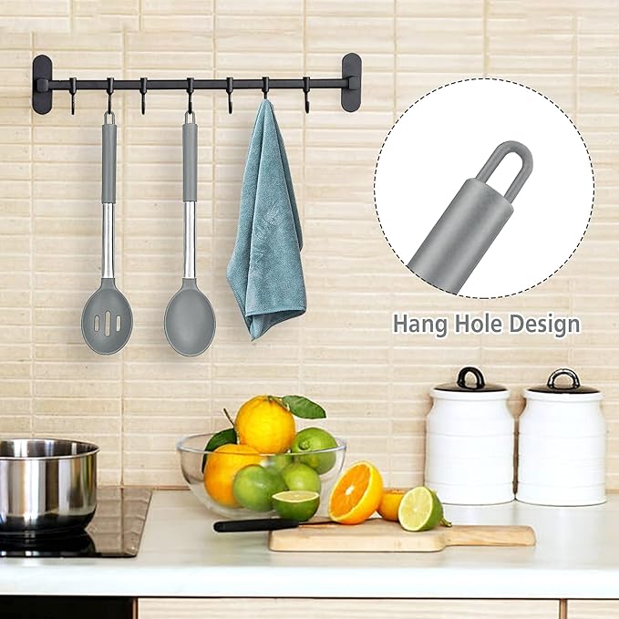 Pack of 2 Large Silicone Cooking Spoons, Non-Stick Stainless Steel Slotted and Solid Spoon Set for Serving, Mixing, Draining, Heat Resistant, Scratch Resistant and BPA Free Kitchen Scoops (Grey)