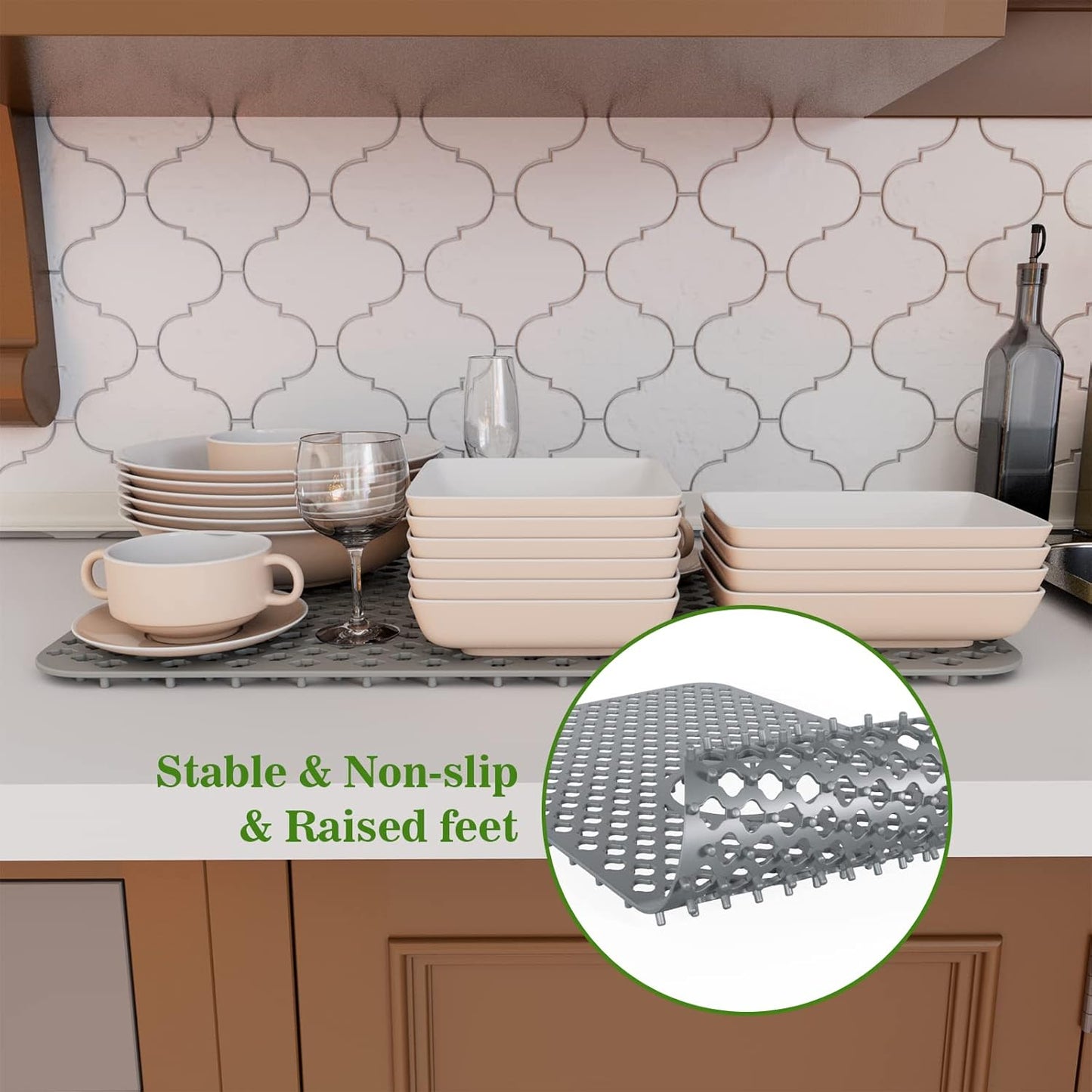 TOOVEM Silicone Kitchen Sink Mat with Non-slip, Stable, Farmhouse Sink Protector for Kitchen Stainless Steel Drainboard- Grey