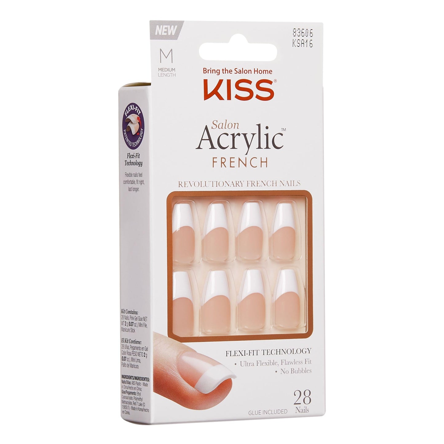 KISS Salon Acrylic French Nail Manicure Set, Medium Length, Square, “Je T'aime”, Nail Kit Includes Pink Gel Nail Glue (Net Wt. 2 g / 0.07oz.), Mini File, Manicure Stick, and 28 Fake Nails