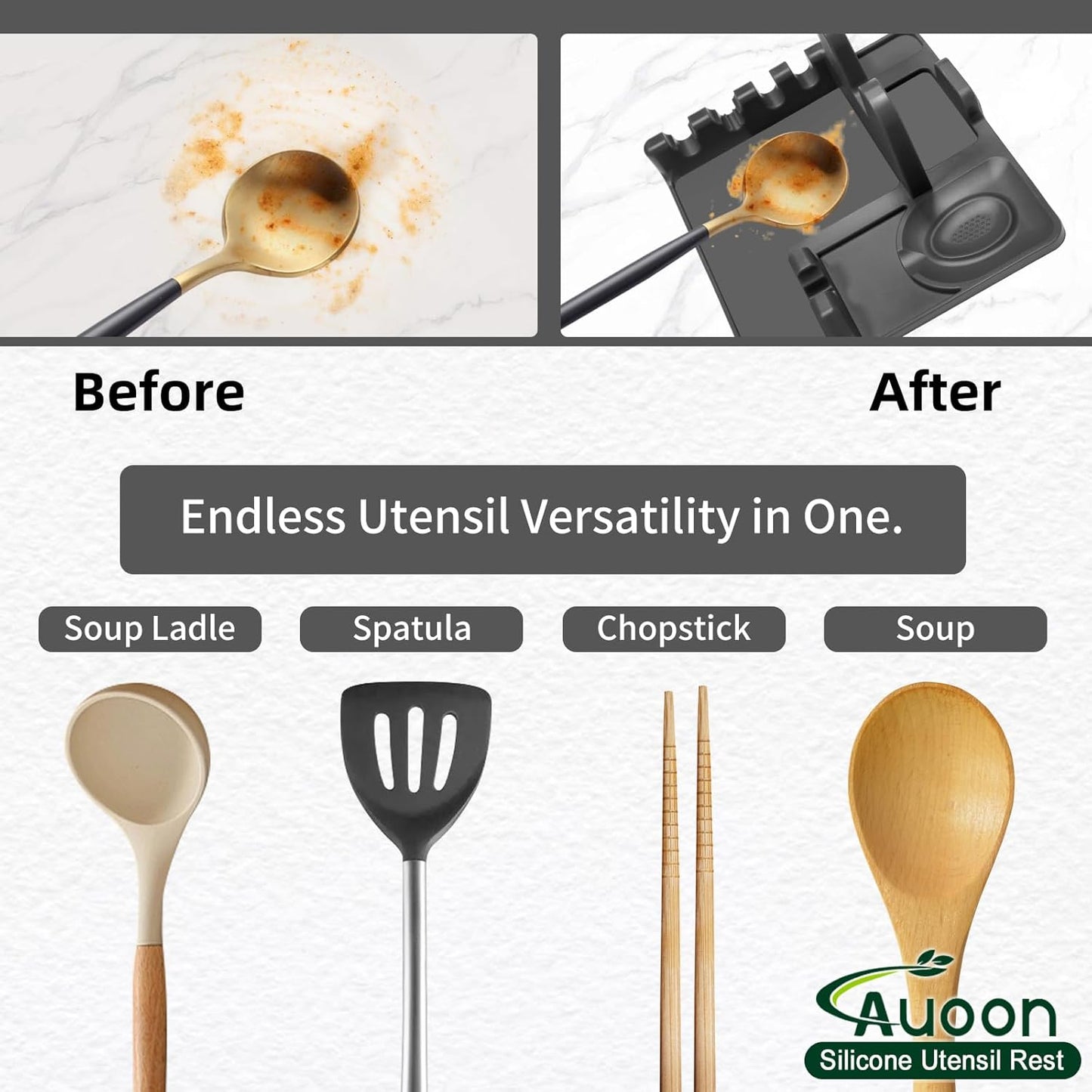 AUOON Spoon Rest for Stove Top - Silicone Utensil Rest with Drip Pad for Kitchen Counter | Practical Kitchen Gadgets for Cooking | Dishwasher Safe (Grey, Large)