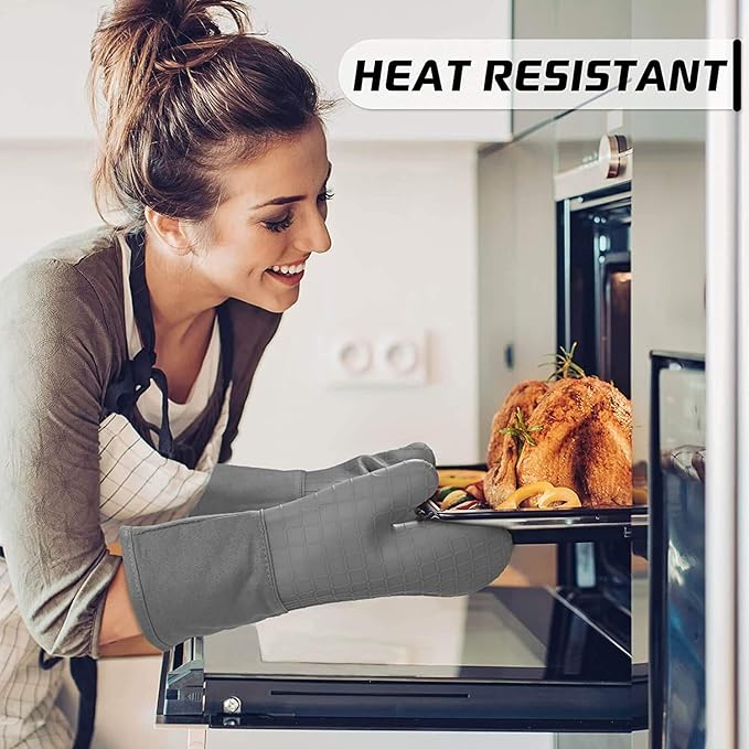 HOMWE Silicone Oven Mitts and Pot Holders for Kitchen & Baking - Set of 4 Heat-Resistant, Heavy-Duty Cooking Mittens w/Non-Slip, Textured Grip (Black)