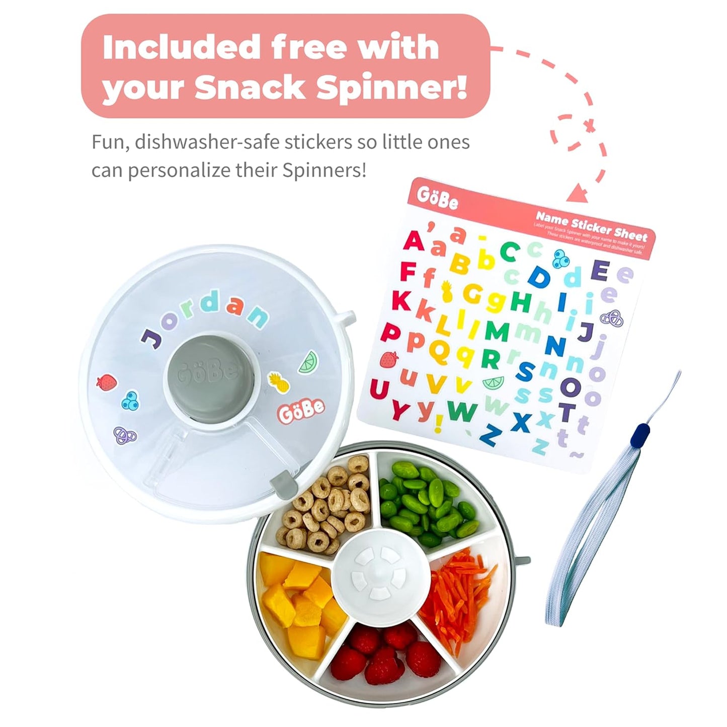 GoBe Kids Small Snack Spinner Flip Bundle with Hand Strap and Sticker Sheet - Reusable Snack Container with 5 Compartment Dispenser and Lid | BPA/PVC Free | Dishwasher Safe | No Spill - Taro Purple