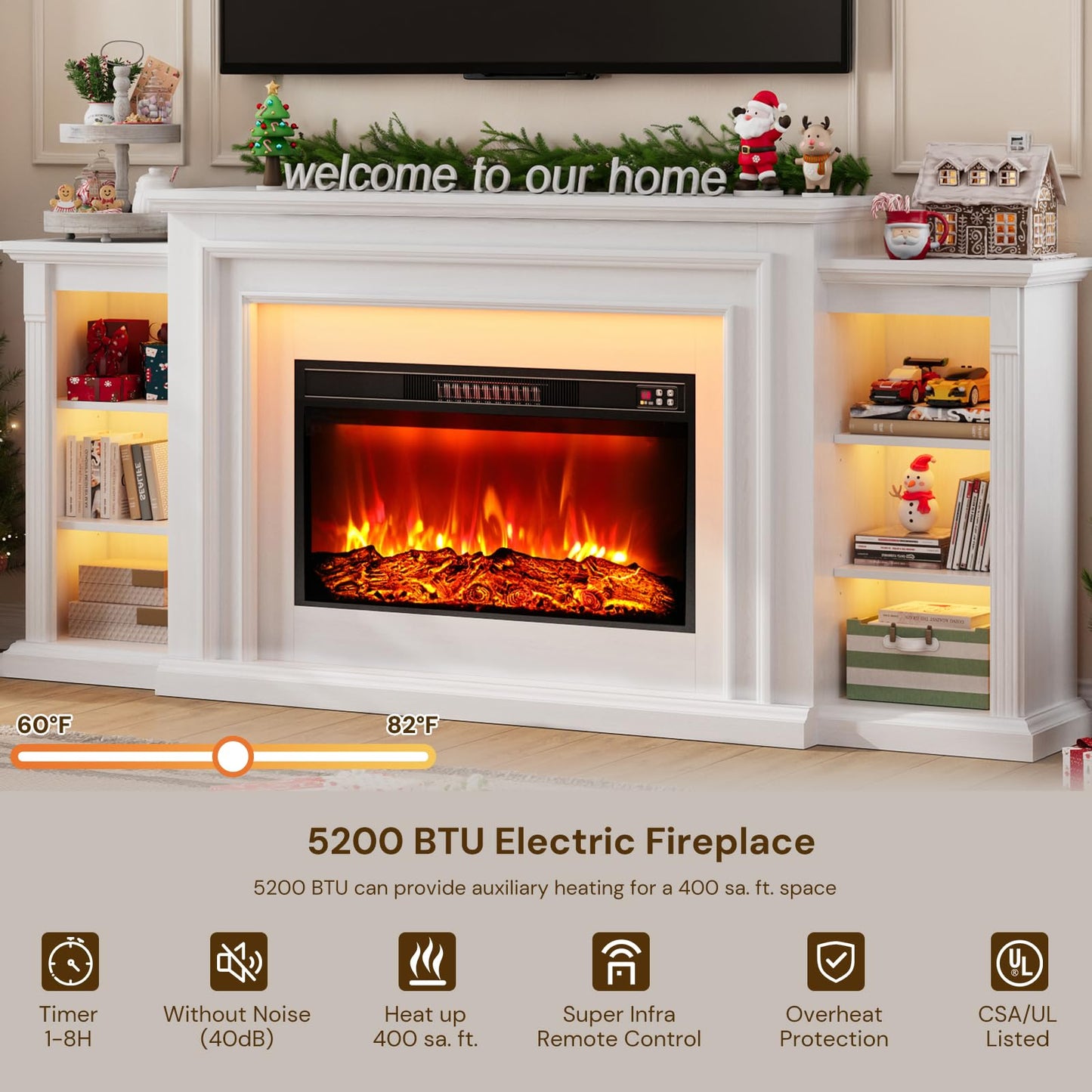 80" Electric Fireplace Entertainment Center with Mantel – Freestanding Heater TV Stand, Adjustable Flame, Remote Control, LED Light, Stylish Storage for Living Room and Bedroom, White