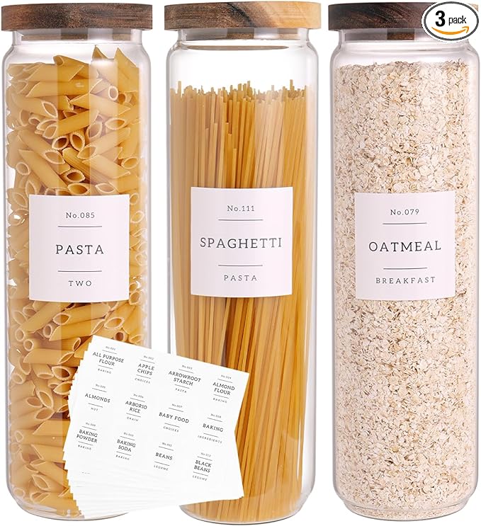 CZZGSM 3 Set Glass Pantry Storage Jars with Acacia Airtight Lid - 50oz Thicken Glass Kitchen Canisters with 132 Pantry Labels - Tall Food Storage Containers with Wood Lid for Pasta,Spaghetti,Cereal