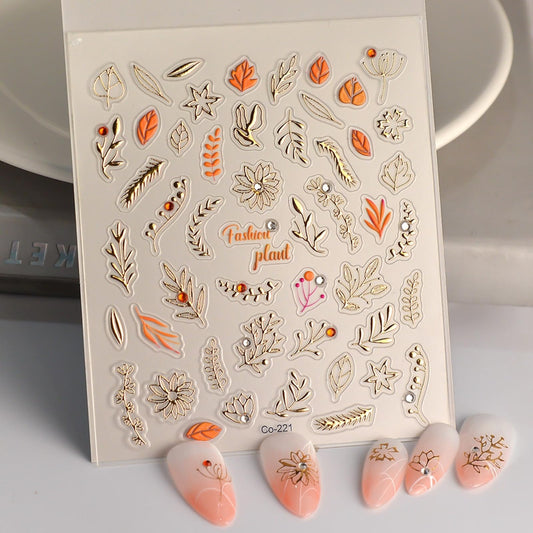 Sevgob 5D Embossed Fall Nail Art Stickers Leaf Nail Stickers Gold Plant Maple Leaf Nail Decals with Rhinestone Designs Self-Adhesive Autumn Nail Supplies for Women Girls Acrylic Nails DIY Manicure