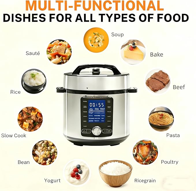 HealSmart 24-in-1 Electric Pressure Cooker 6.3 Quart, Non-Stick Stainless Steel Multi Cooker for Slow Cooking, Yogurt Maker, Steam, Rice, Bake, Dishwasher Safe, Silver