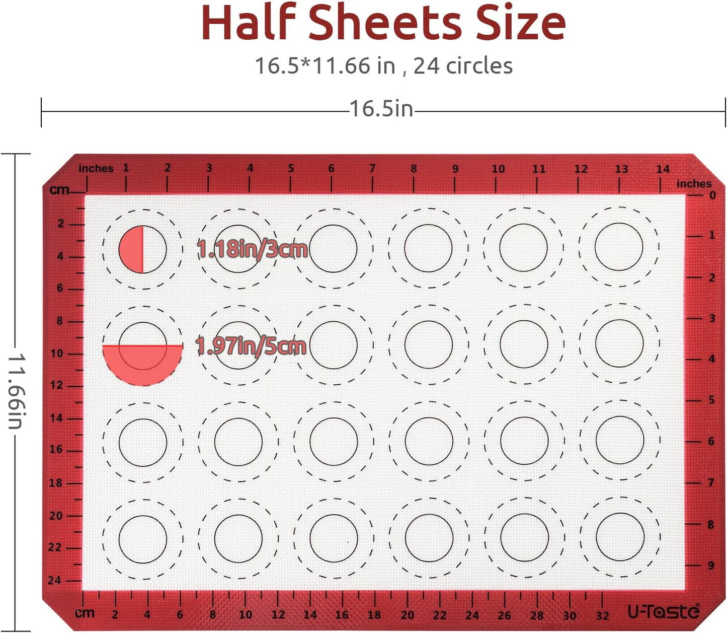 U-Taste 446ºF Heat Resistant Macaron Silicone Baking Mat, Non Stick Reusable Cookies Pastry Sheet Liner with Edge Enhancement Circle Measurement for Oven (Half Sheets Size, Pack of 2, Red)