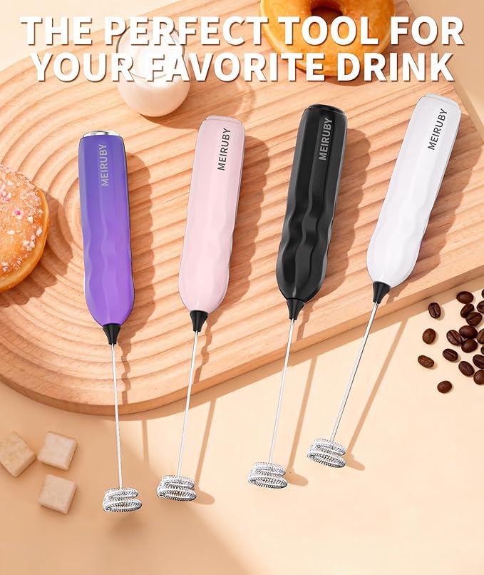 MEIRUBY 2-Pack Milk Frother Handheld with Stand, Valentines Day Gifts for Him and Her, Powerful Electric Coffee Frother, Coffee Lover Gift for Lattes, Cappuccino, Matcha & Hot Chocolate, Black/White