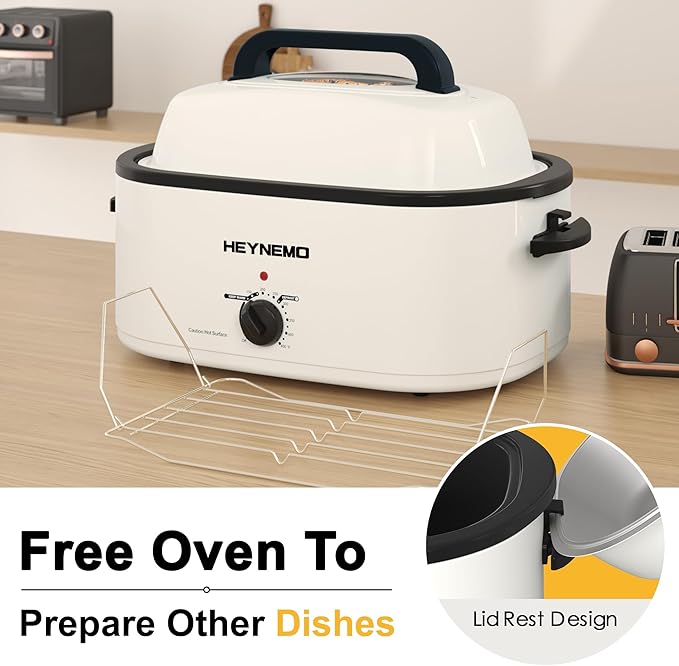26QT Electric Roaster Oven, Electric Turkey Roaster with Viewing & Self-basting Lid, Stainless Steel Turkey Roaster Oven, White