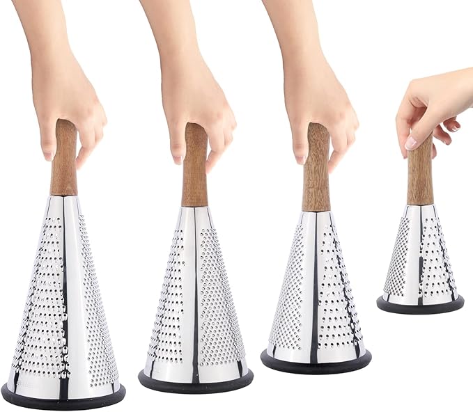 Cone Cheese Grater with Handle - Stainless Steel Triple Function Wood Handle Parmesan Shaver Non-Slip Rubber Bottom Hand Held Multifunction Vegetables Cheese Grater with container(XL:11.8" X 5.1")