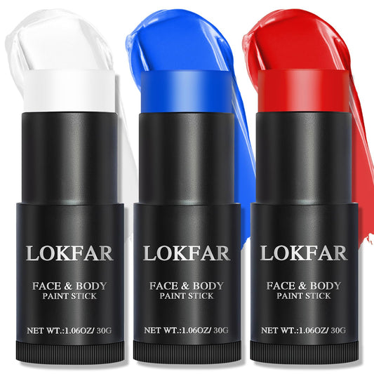 LOKFAR Red & Blue & White Face Body Paint Stick, White Foundation Makeup, Usa Themed Accessories Flag Color, Professional Halloween Face Makeup Kit for Clown Vampire Harley Quinn Joker Costume
