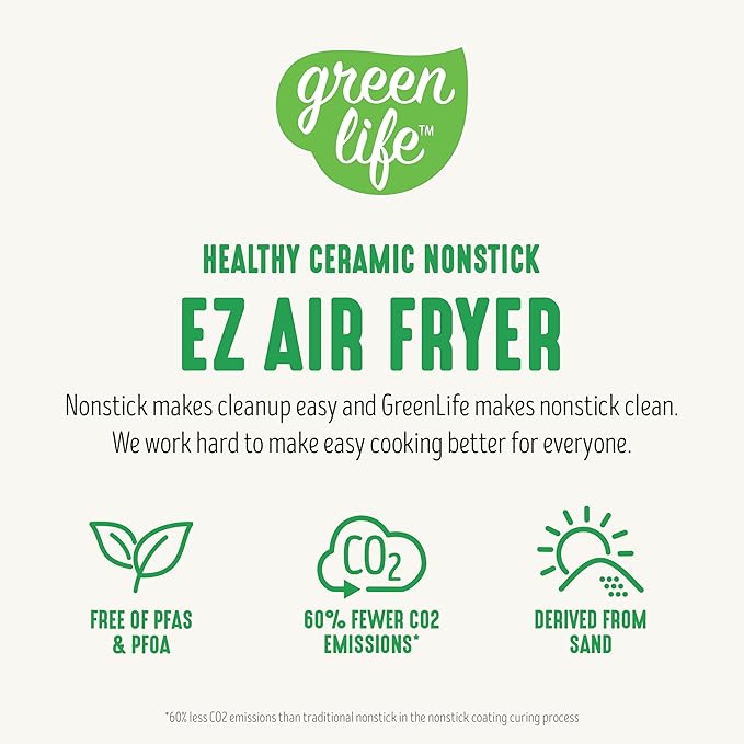 GreenLife 4.5QT Air Fryer, Mechanical Dial Controls, PFAS-Free Ceramic Nonstick Drawer, Adjustable Temp & Timer, LED Indicator, Oil-Less Cooking, Dishwasher Safe, Compact Family Size, Graphite