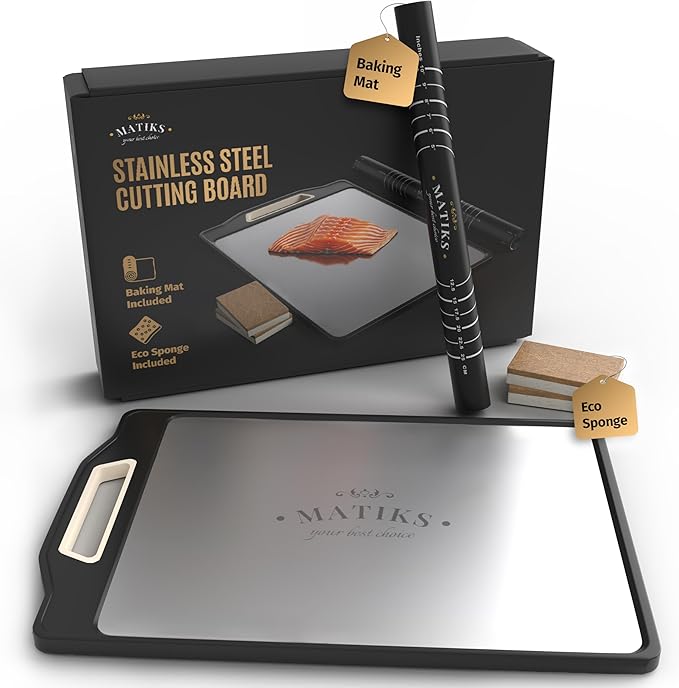 Matiks Stainless Steel Cutting Board Set - 16”×11” Large Double Sided Dishwasher Safe Metal Cutting Board for Kitchen – Ideal for Chopping Meat & Veggies - Christmas Gift & Housewarming Gifts New Home