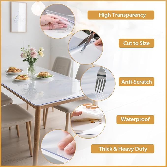 Clear Table Protector 42 x 78 Inch, 1.9mm Thick Waterproof PVC Plastic Table Cover, Durable Table Pad for Dining Room, Kitchen, Writing Desk, and Coffee Tables