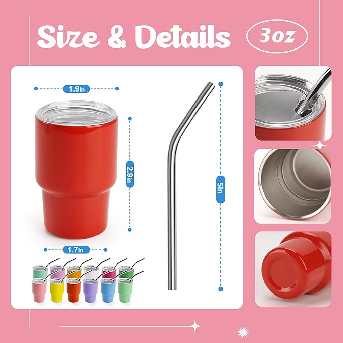Joyclub 3 oz Mini Tumbler Shot Glass with Straw and Lid 24 Pack Colored Stainless Steel Sublimation Shot Tumblers Mini Cup for Wedding Party Whiskey Favors