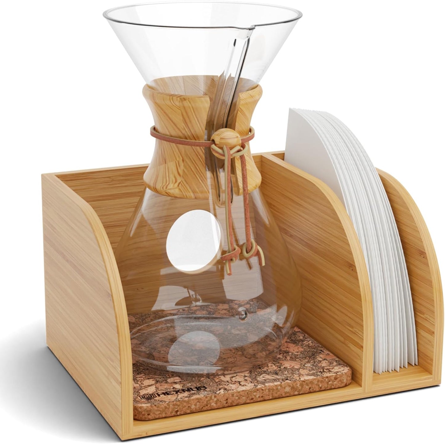 HEXNUB – Caddy for Pour Over Coffee Maker, Bamboo Stand fits Chemex, Bodum, Cosori Coffee Carafes, Heatproof Mat, Filter Holder for Drip Coffee Maker - Cork Mat