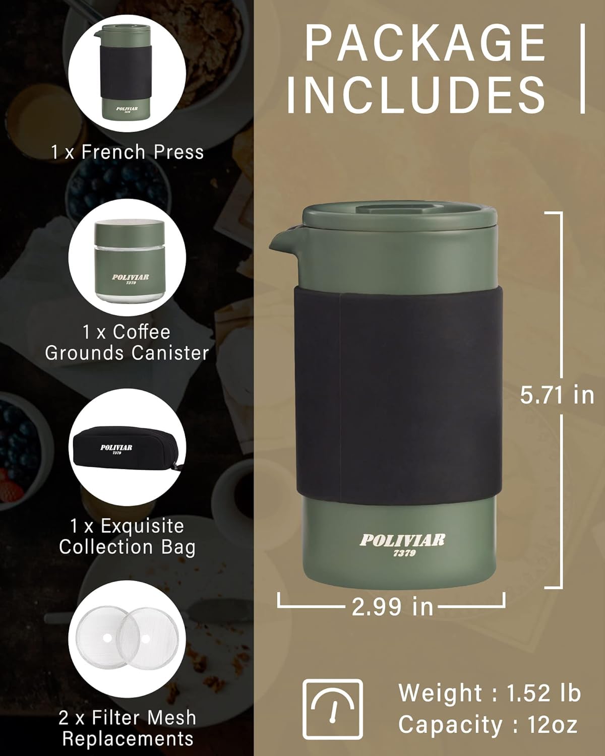 POLIVIAR French Press Coffee Maker, 12 oz Portable French Press with Mini Canister and Collection Bag, Double Wall Insulation & Dual- Filter Screen, Food Grade Stainless Steel for Coffee