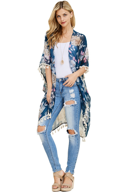 Lightweight Open Shawl Cardigan - Kimono Poncho, Sheer Beach Swim Cover-Up Vest Floral Tassel (English Rose - Blue)
