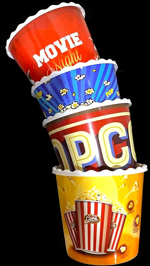 Modern Style Reusable Plastic Popcorn Box/Popcorn Containers/Popcorn Bowls Set for Movie Theater Night - (BPA Free - 4 Pack - 75 oz) (Popcorn Mix C)