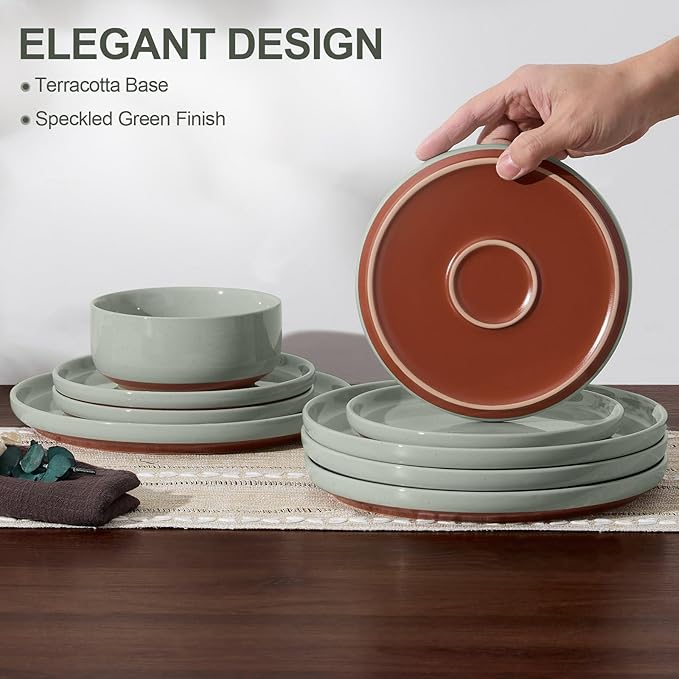 E-far 12-Piece Stoneware Dinnerware Sets, Plates and Bowls Sets for 4, Ceramic Dishware Dishes Set with Terracotta Base, Chip & Scratch Resistant, Microwave & Dishwasher Safe, Speckled Green