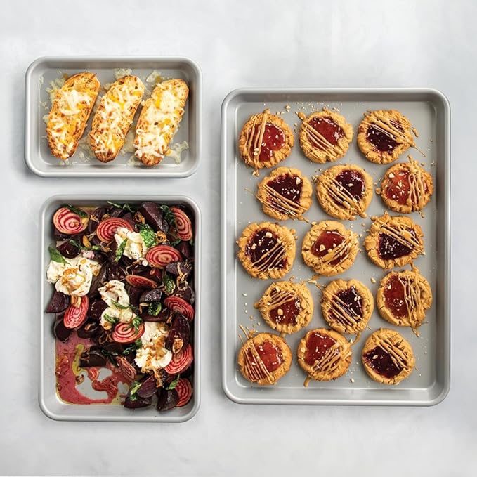 Nordic Ware Brilliant™ Colorful 3-Pc Baking Set, Nonstick made without PFAS or PTFE for safe cooking; Reinforced steel rim prevents warping; Includes Half Sheet, Quarter Sheet, and Eighth Sheet