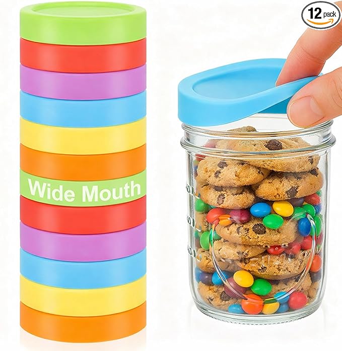 Teenyyou 12 Pcs Silicone Regular Mouth Lids Mason Jar Lids Thickened Leak Proof Lid for 70 mm All regular mouth Mason Jars, Reusable Large Canning Jar Caps(Red Orange Yellow Green Blue Purple)