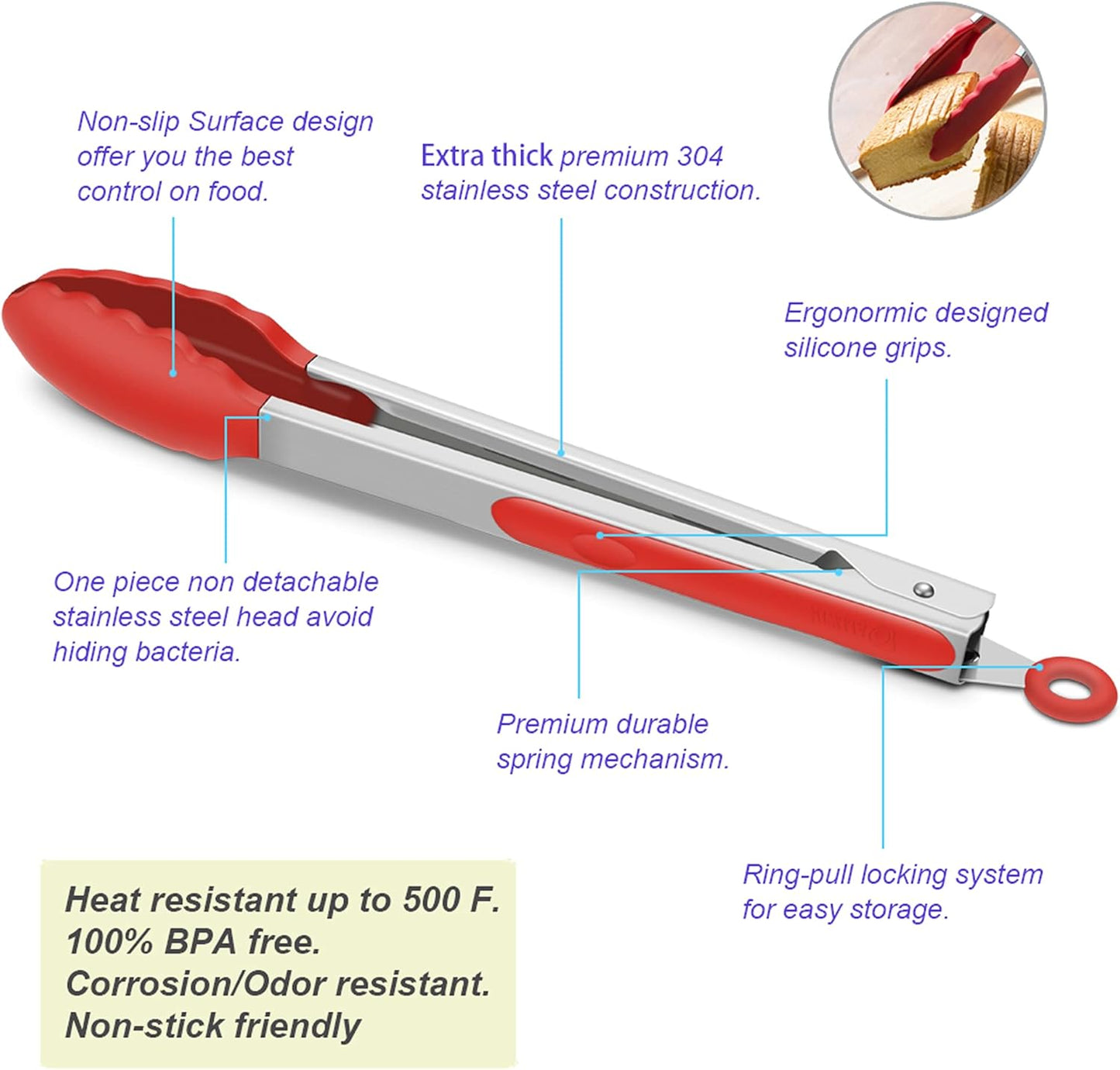 4 Pack Red Kitchen Tongs, Premium Silicone BPA Free Non-Stick Stainless Steel BBQ Cooking Grilling Locking Food Tongs, 9-Inch & 12-Inch