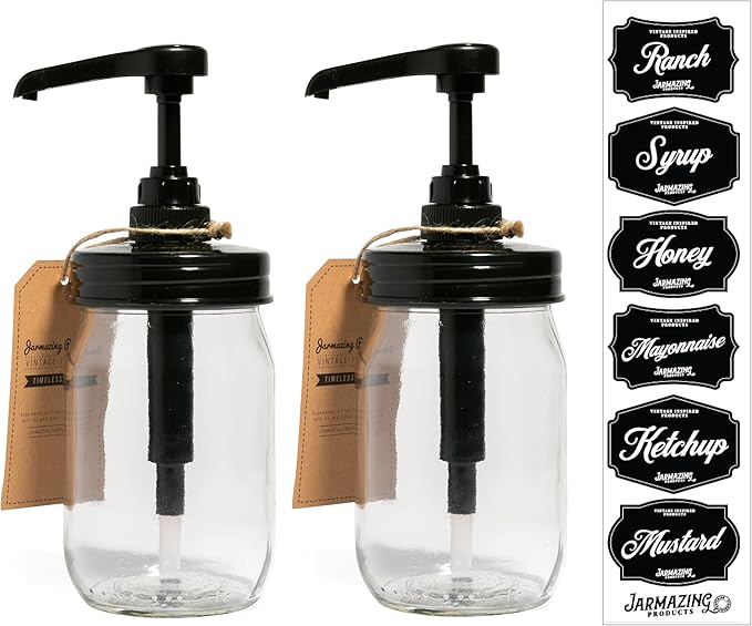 Jarmazing Products Mason Jar Syrup Dispenser - Set of 2 – 16 oz Smooth Jars with Rust-Proof, Leak-Proof, Food Grade Pumps for Honey, Syrups, Condiments, Salad Dressings and More