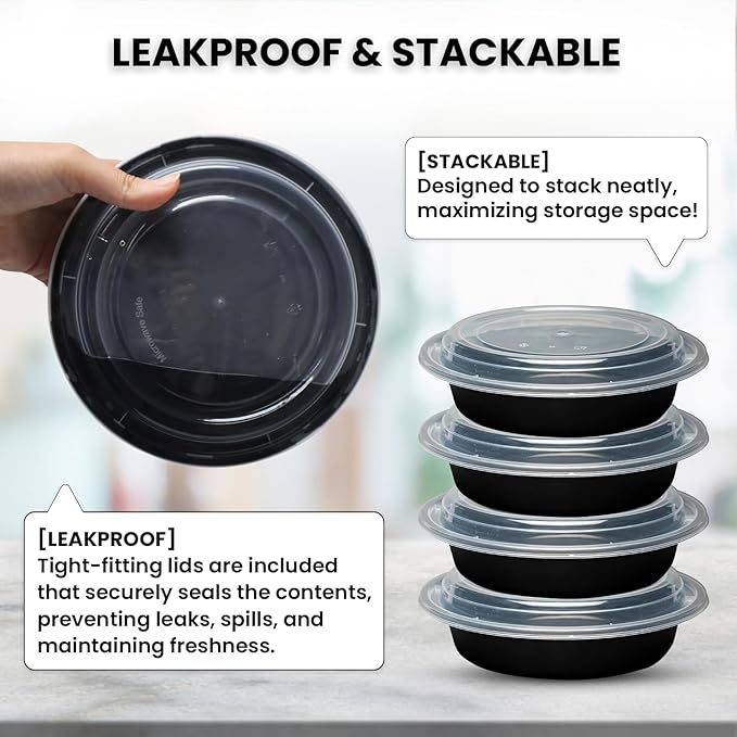 Klex 24 Oz, 150 Sets Meal Prep Containers with Airtight Lids, BPA Free, Reusable Plastic Food Container, 24 oz, Round, Black/Clear, 150 Sets