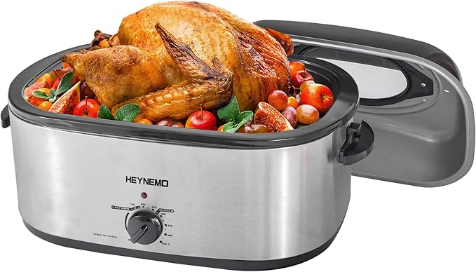 Roaster Oven, 20Qt Turkey Roaster Oven with Self-Basting Lid, 1450W Electric Roaster Pan with Cool-Touch Handles, Stainless Steel with Removable Pan and Rack, Silver