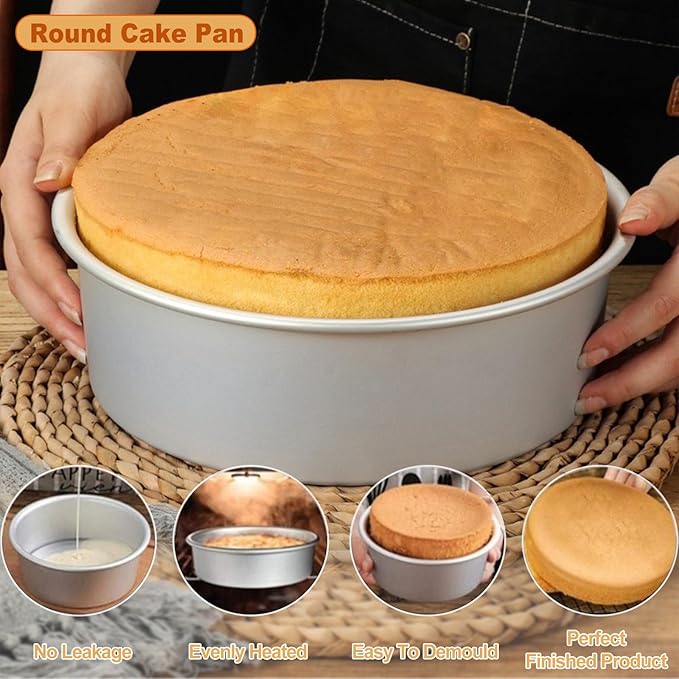 HomeMall 8 x 3 Inch Aluminum Round Cake Pan, 3-Piece Set Cake Baking Pans, Round Layer Cake Baking Pans for Birthday Wedding Home Kitchen DIY Baking Tools, Heavy Sturdy & Healthy, Oven Safe