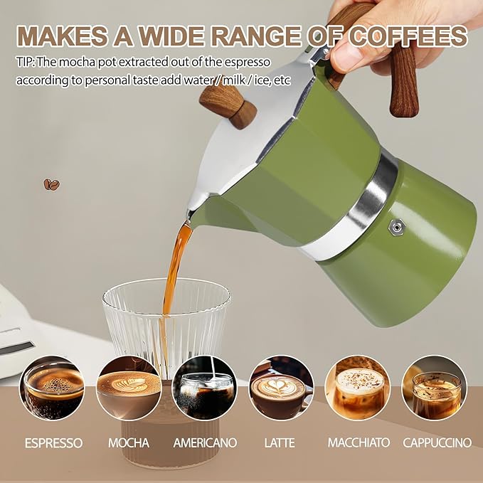 Aluminum 3 Cup 150ml Moka Pot Express Coffee Maker Stovetop Espresso Colorful Coffeemaker Italian Classic Style Brewing Greca Cafe Mocha Machine for Cafeteras Lover Camping Travel and Home Use 5oz